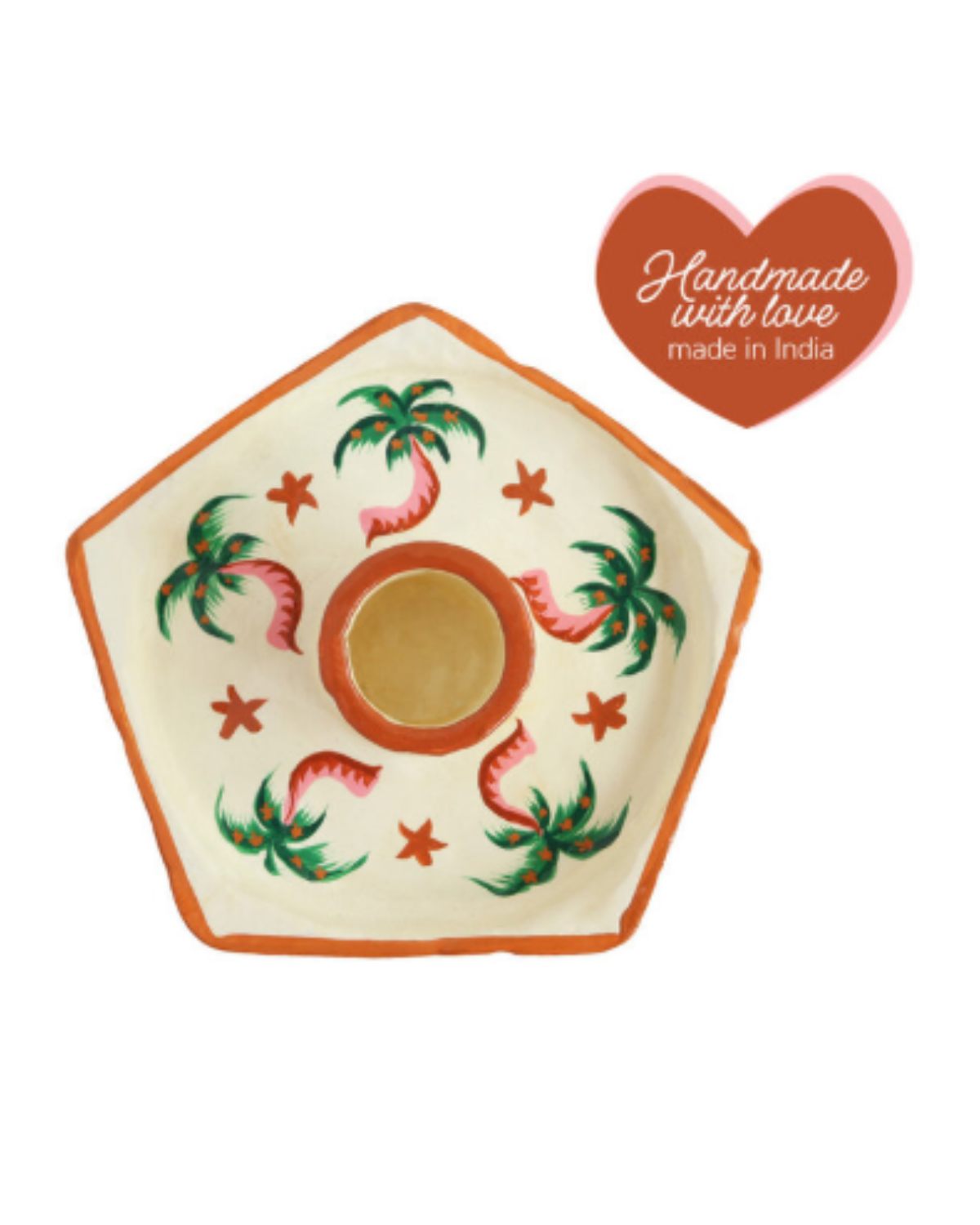 Handgeschilderde palmboomkandelaar All the luck in the world van papier maché, kleurrijk en uniek, perfect als sfeervol woonaccessoire