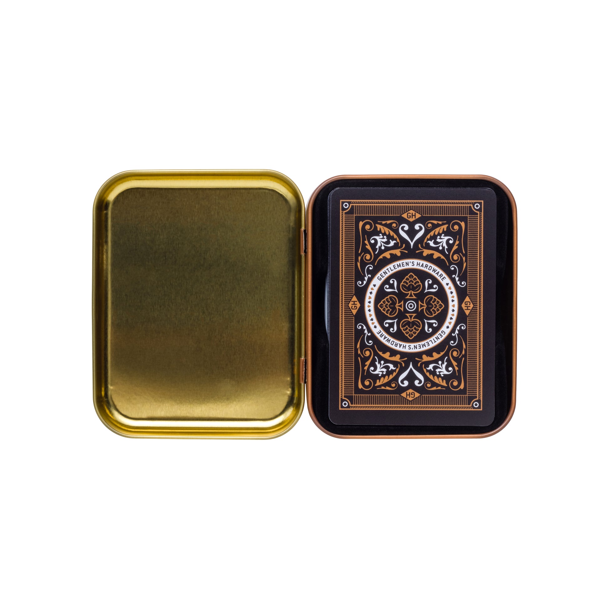 Waterproof kaarten in handige 2-delige metalen verpakking, perfect voor kamperen, vissen of spelletjesavonden met vrienden.