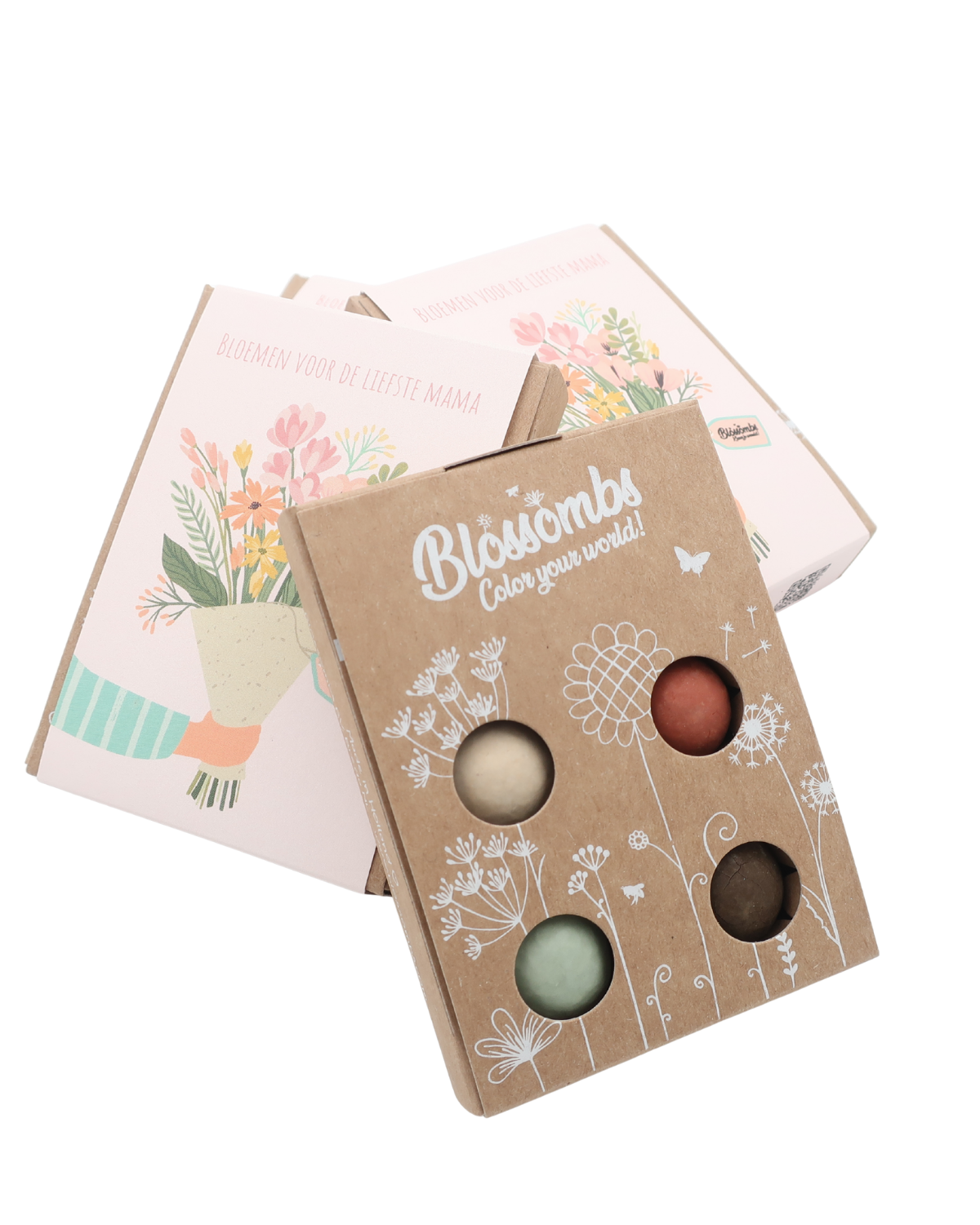 Vier biologische wilde-bloemen zaadbommetjes in een compacte cadeauverpakking, perfect als betekenisvol en duurzaam moederdagcadeau.