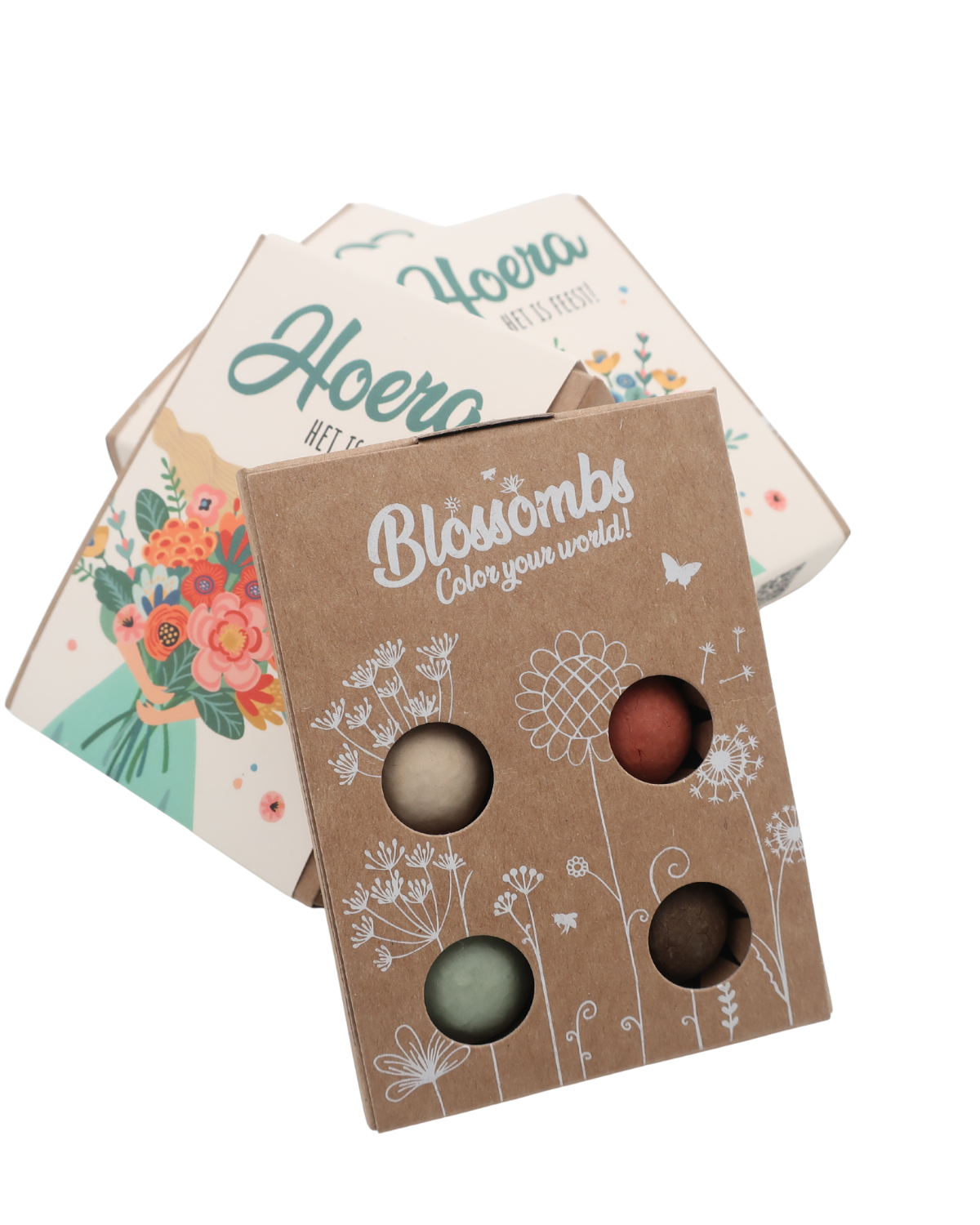 Vier biologische wilde-bloemen zaadbommetjes in een compacte, handgemaakte gift box, ideaal voor verjaardagen, jubilea of een feestelijk gebaar.