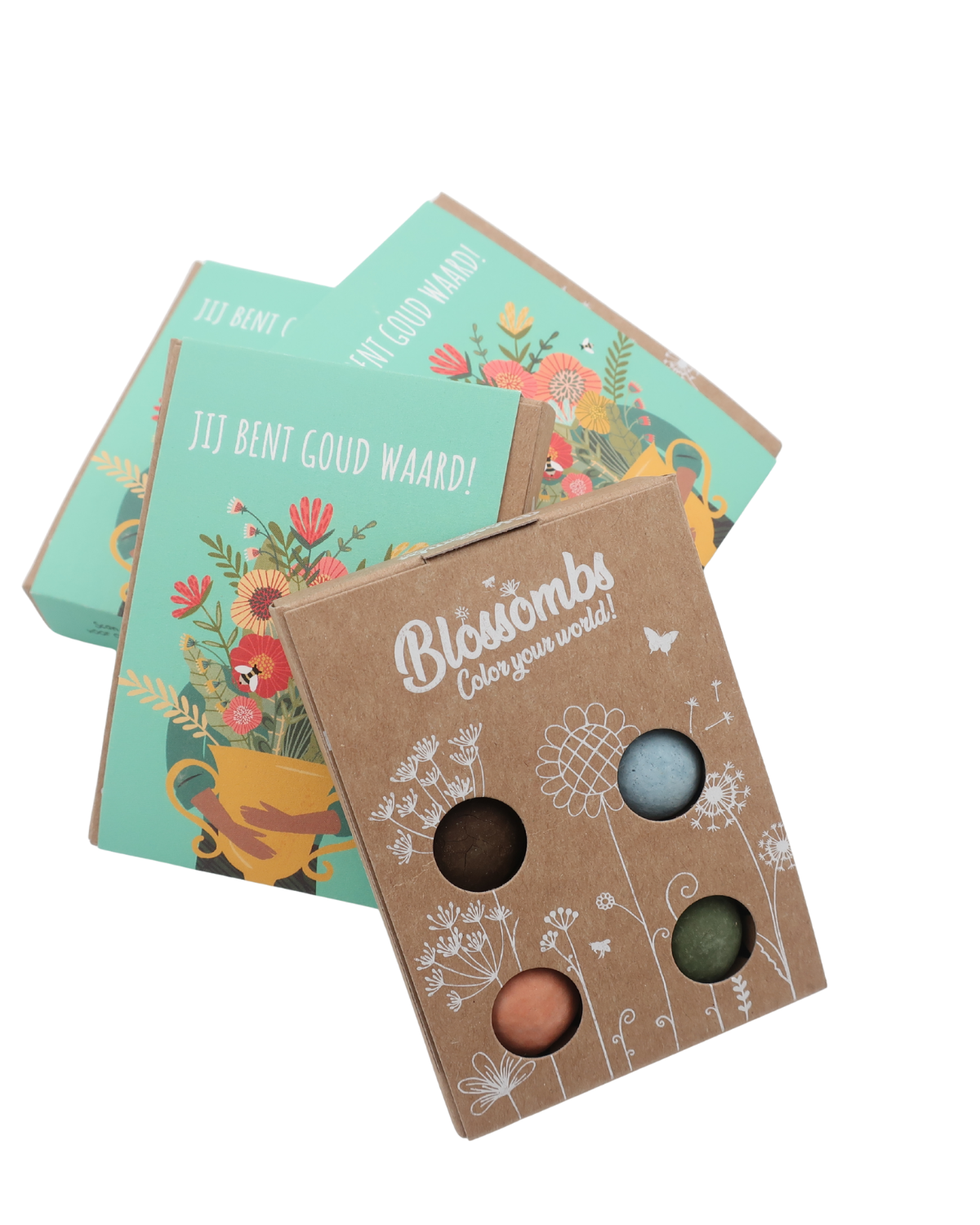 Vier biologische wilde-bloemen zaadbommetjes in een compacte, handgemaakte gift box, ideaal om iemand te verrassen en te laten stralen met een bloeiende bloemenmix.