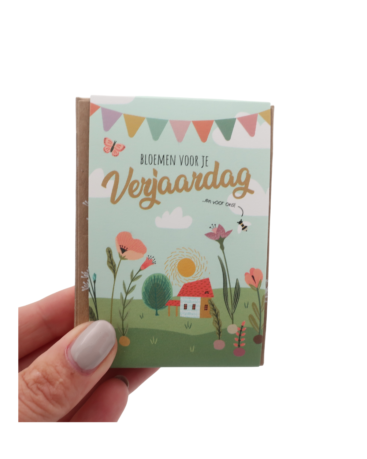 Handgemaakte mini gift box met vier biologische zaadbommetjes van Blossombs, perfect als duurzaam verjaardagscadeau dat uitbloeit tot kleurrijke bloemen.