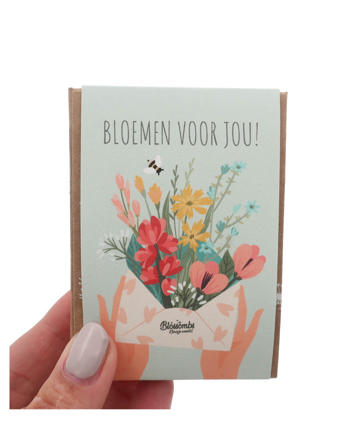 Handgemaakte Blossombs gift box met vier biologische zaadbommetjes, perfect als duurzaam en vrolijk cadeau om iemand te verrassen met een bloeiende bloemenmix.