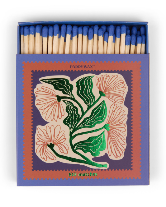 Jumbo Boxed Matches Floral set van 100 lucifers in handillustratie doos met metallic details