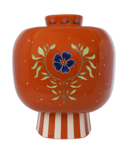 Kleurrijke keramieken vaas All the luck in the world met speelse strepen en symbolen, perfect als woondecoratie of bloemenvaas